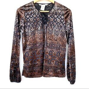 Max Studio burnout velvet  top with long sleeves, crew neck with tie front